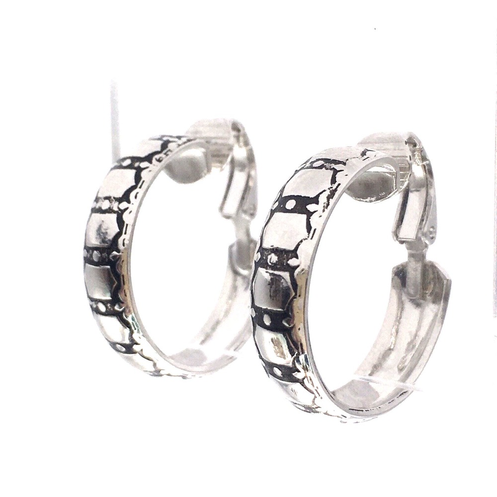 Vintage Silver Tone Black Etched L.H. Segal California Clip On Hoop Earrings